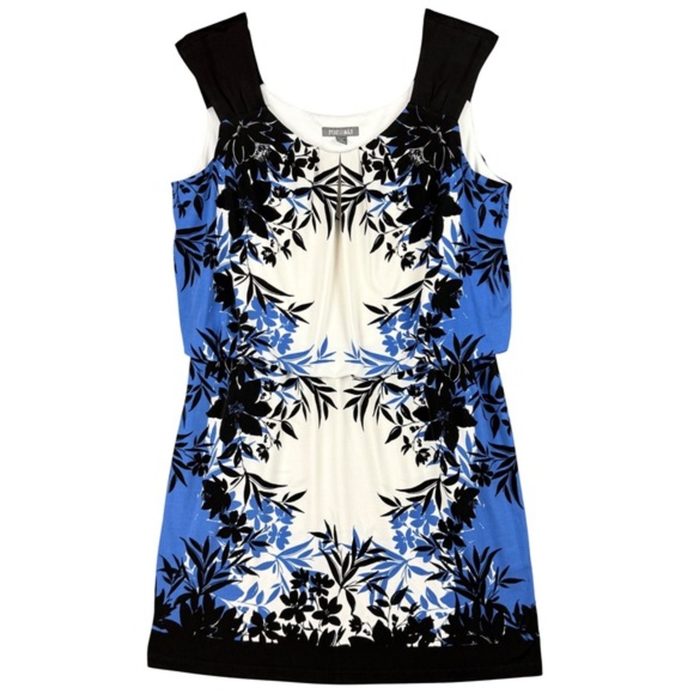 Roz & Ali Petite 16 Blue White Floral Border Print Sheath Dress Sleeveless Scoop
